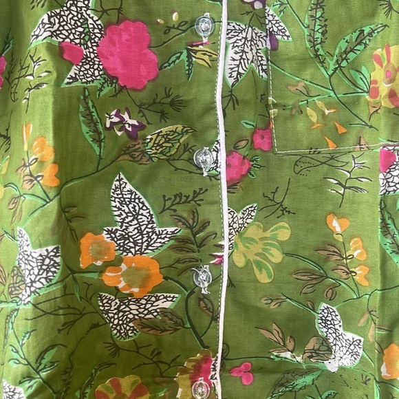 NWOT handmade green floral print button down long sleeve collared PJ pants set - Picture 6 of 15